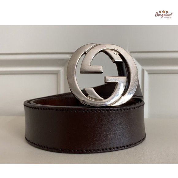 Authentic Gucci Brown Calfskin Leather Silver Interlocking G Buckle Belt 85/34 - Picture 12 of 13
